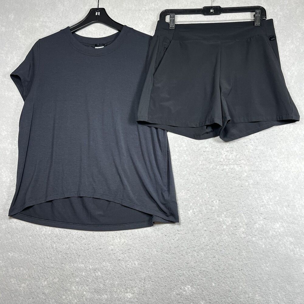 Athleta Shirt Short Set Womens Size S/M Black Running Lounge Top Short Set
